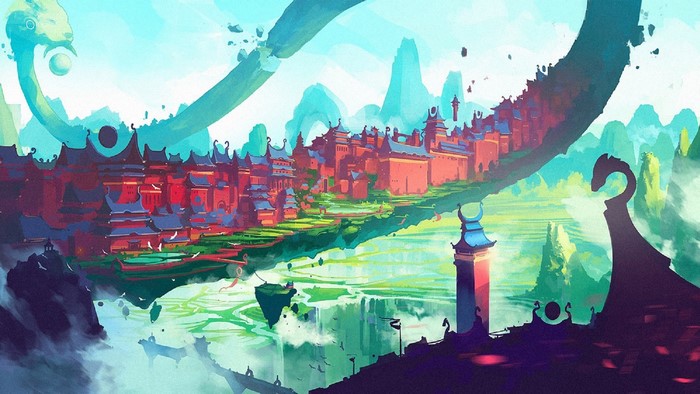 Fantasy floating city with red buildings and blue roofs