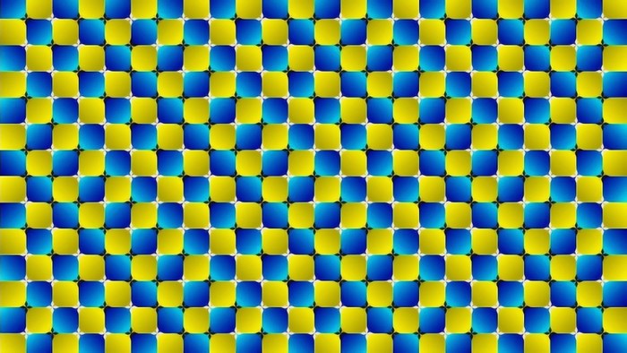 Optical illusion of blue and yellow checkerboard pattern