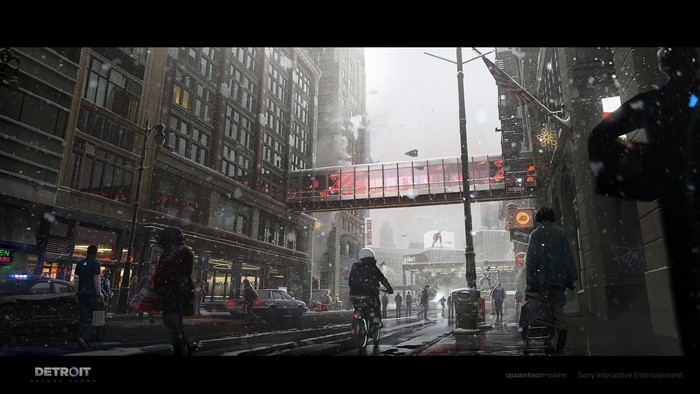 Detroit: Become Human concept art of a snowy city street