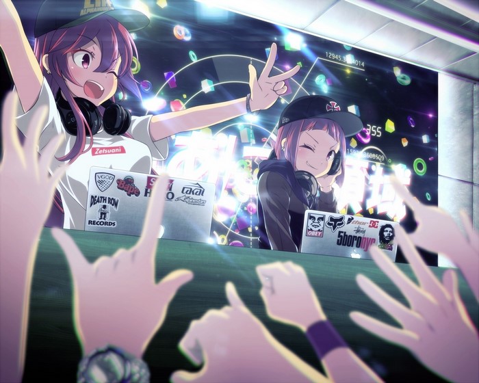 Anime girls DJing with laptops and headphones