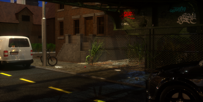 Urban street scene with van, bicycle, and car