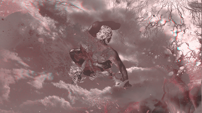 Surreal abstract vaporwave statue in clouds