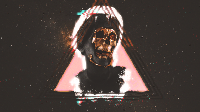 Digital art statue with golden skull and triangle