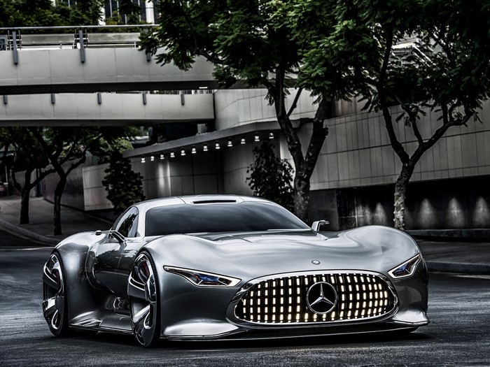 Silver Mercedes-Benz concept car on a city street
