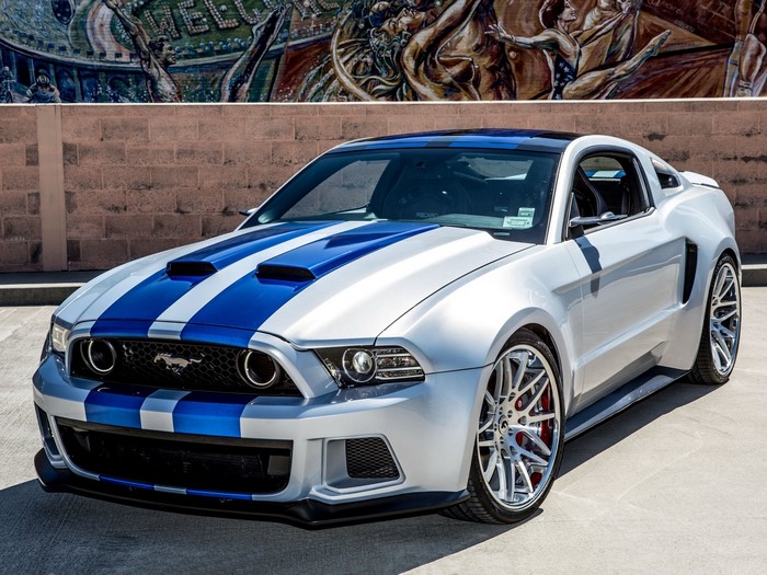 Silver Ford Mustang with Blue Stripes