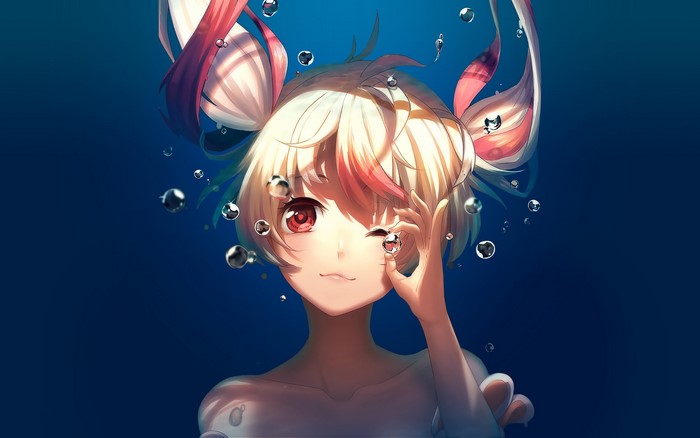 Anime girl with blonde hair and red eyes underwater