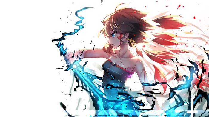 Anime girl with glowing blue sword and red wings