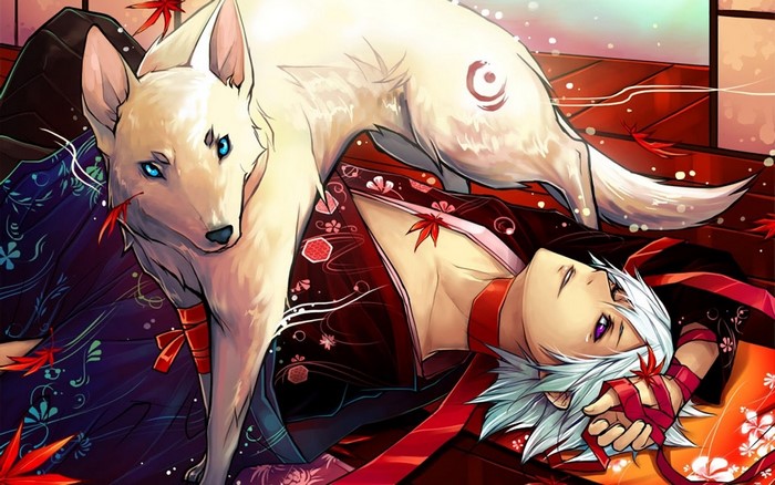 Anime boy with white hair and a white wolf