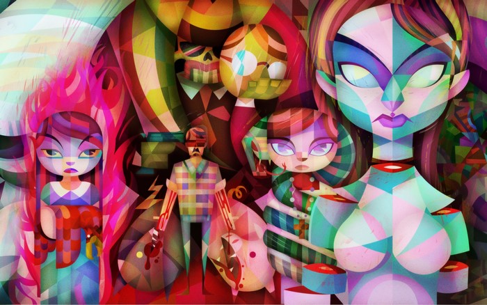 Psychedelic artwork with colorful abstract figures
