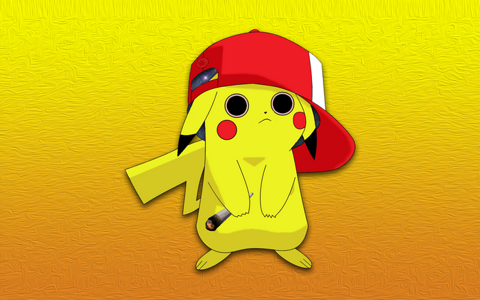 Pikachu from Pokémon wearing a red cap and holding a joint