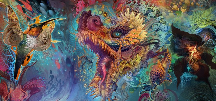 Psychedelic hummingbird and dragon art