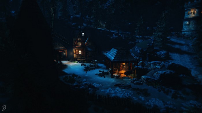The Elder Scrolls V: Skyrim village at night
