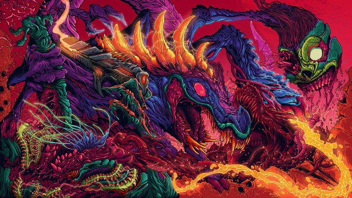 Psychedelic creature with horns and glowing eyes