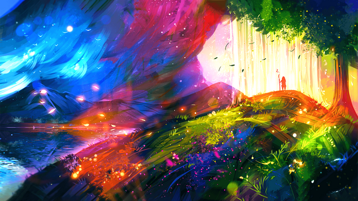 Psychedelic landscape with a lone figure