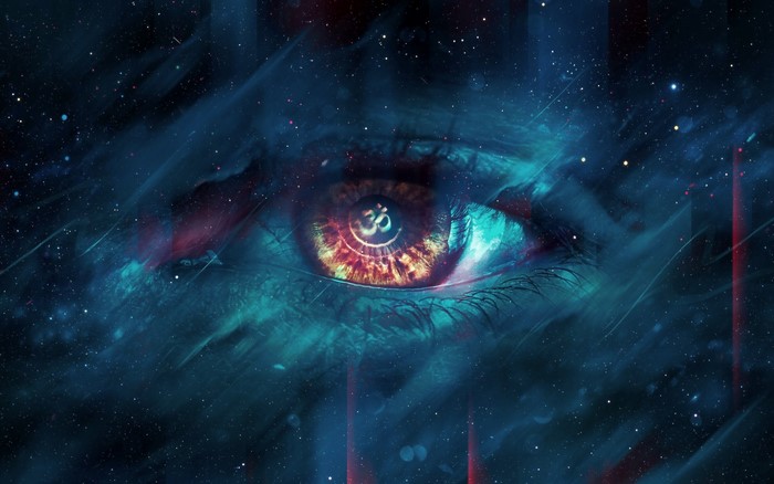 Psychedelic eye with Om symbol in space