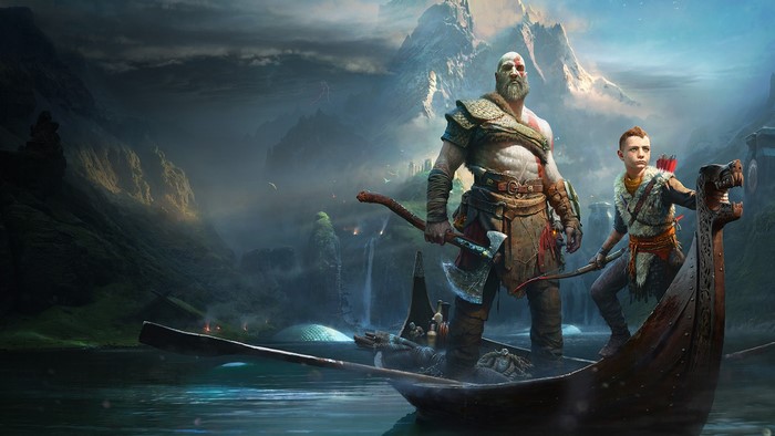 Kratos and Atreus from God of War in a boat