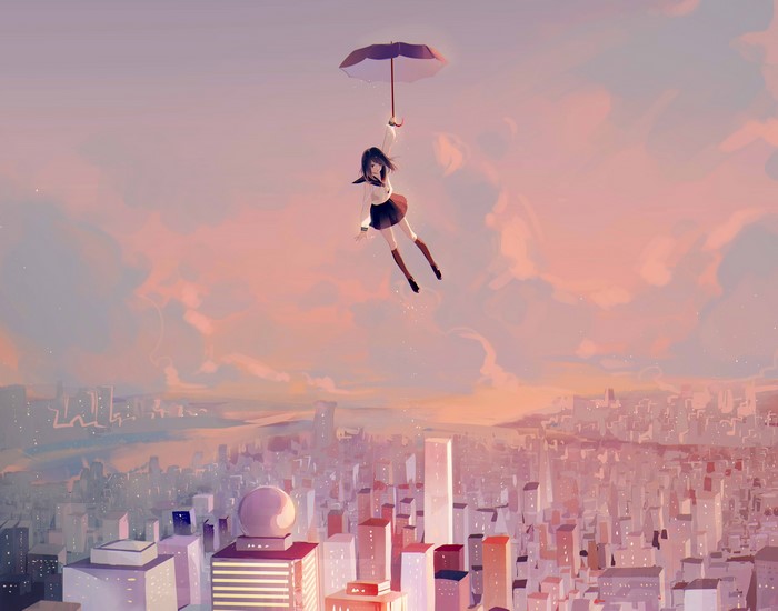 Anime girl flying with umbrella over cityscape