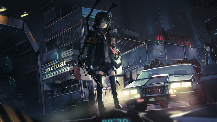 Anime girl in a dark cityscape with a police car