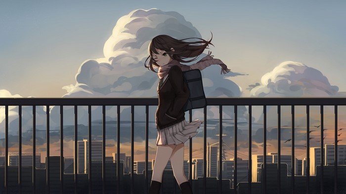 Anime girl walking on a rooftop with city and clouds in background