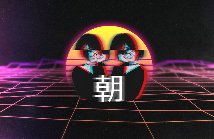Two anime girls with glitch effect and Japanese text
