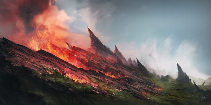 Digital art of a volcanic landscape with fire and smoke