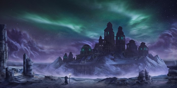 Fantasy castle under aurora borealis