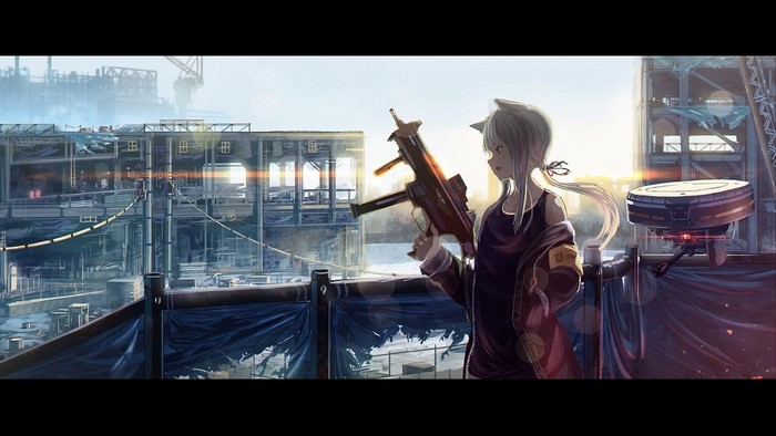 Anime girl with gun on rooftop