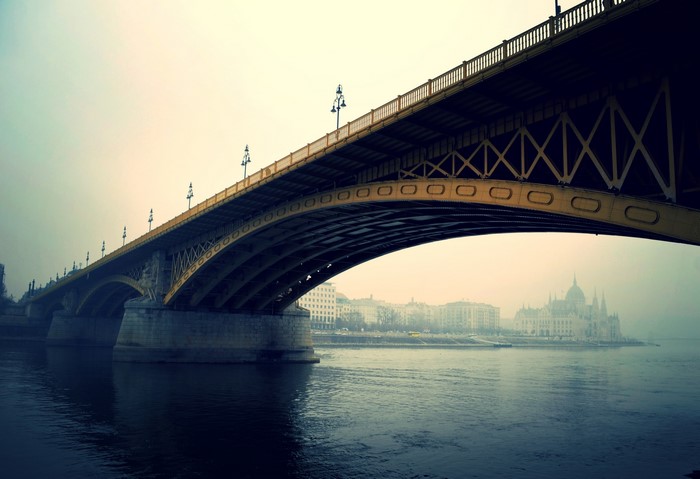 Budapest bridge over the Danube River with Parliament Building