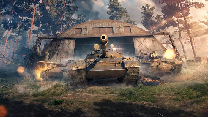 World of Tanks military vehicles in battle near hangar