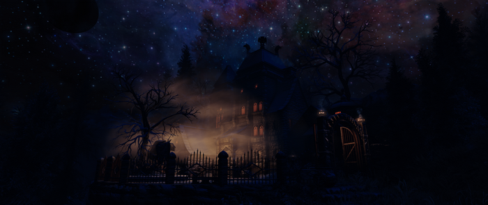 Haunted mansion under a starry nebula sky