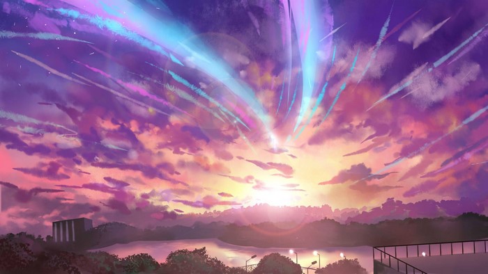 Anime landscape with colorful sunset and light streaks