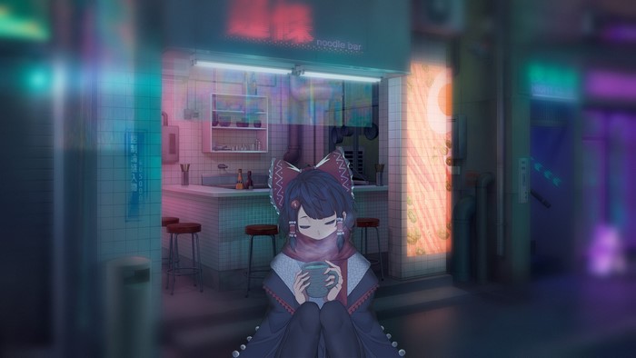 Anime girl with blue hair holding a mug at a noodle bar