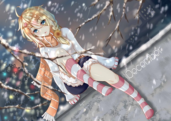 Anime girl with blonde hair and blue eyes in winter