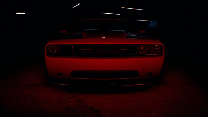 4K Dodge Challenger in red light