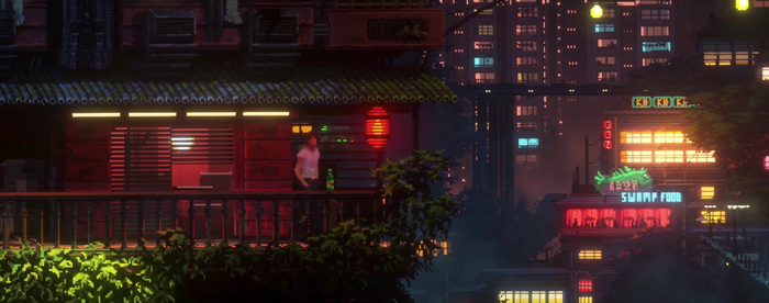 Pixel art cyberpunk city with a person on a balcony