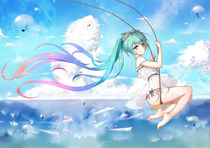 Hatsune Miku on a swing in the sky
