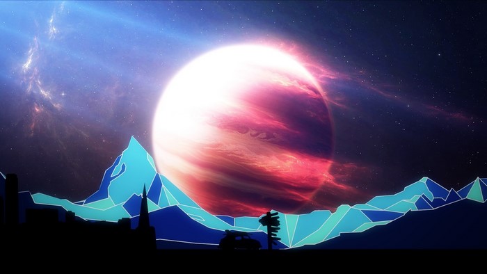 Space art with planet, car, and mountains