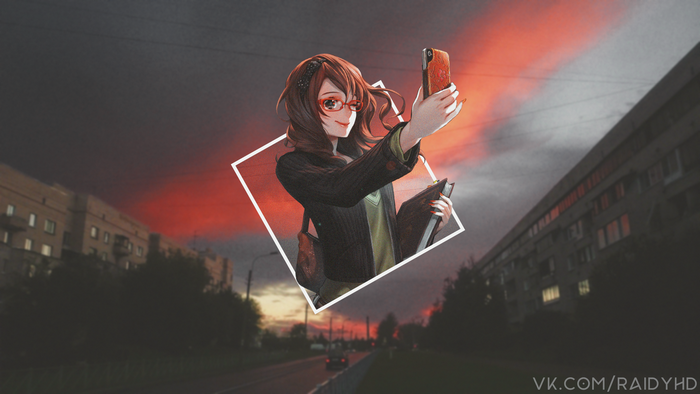 Anime girl taking a selfie at sunset in a city