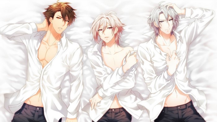Three anime boys lying on a bed