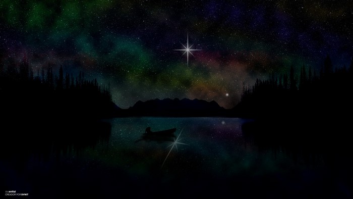Night sky over a lake with a boat