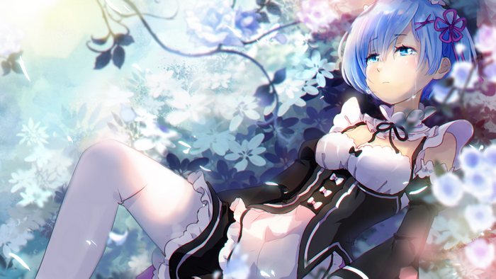 Rem from Re:Zero in a maid outfit among flowers