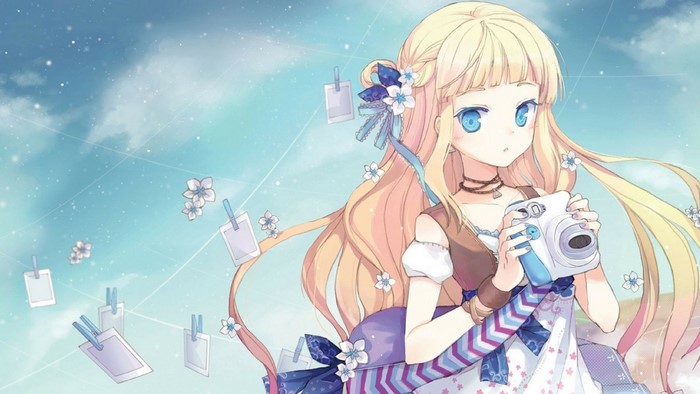 Anime girl with blonde hair holding a camera