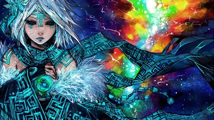 Anime girl with cyan markings and colorful cosmic background