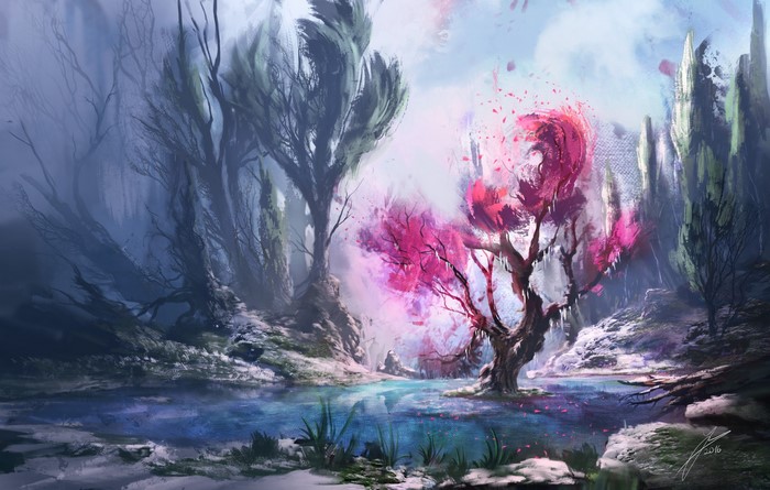 Fantasy landscape with a pink tree and a lake