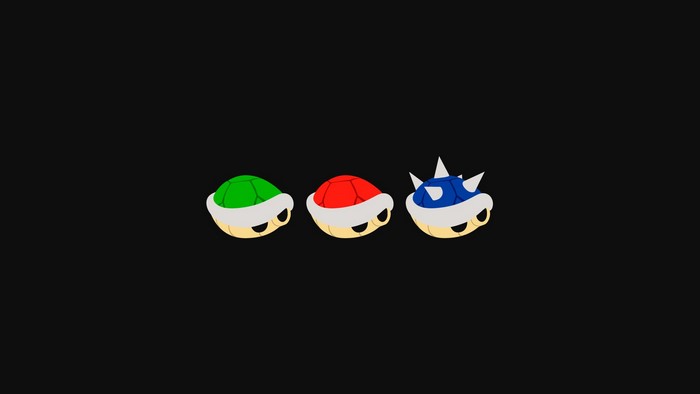 Mario Kart shells: green, red, and blue
