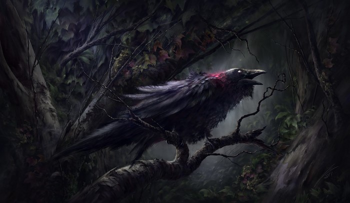 Fantasy art of a raven in a dark forest