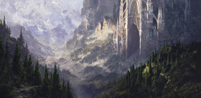 Fantasy castle in a misty mountain valley