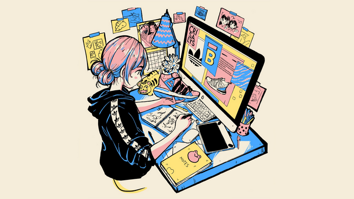 Anime girl designing Adidas sneakers on computer