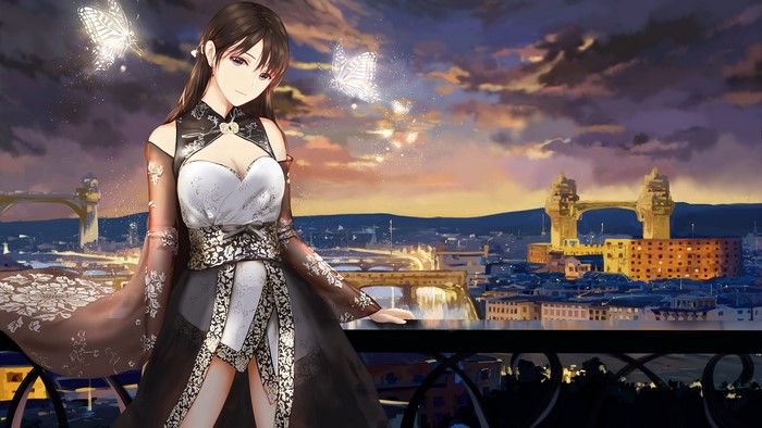 Anime girl in traditional Japanese clothes with butterflies over city skyline