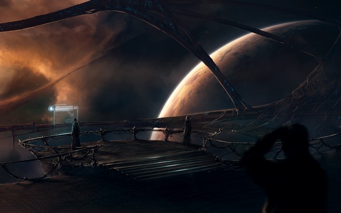 Futuristic space station with a planet in the background